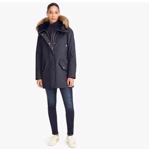 J.Crew Women's Navy Parka with Faux Fur Trim